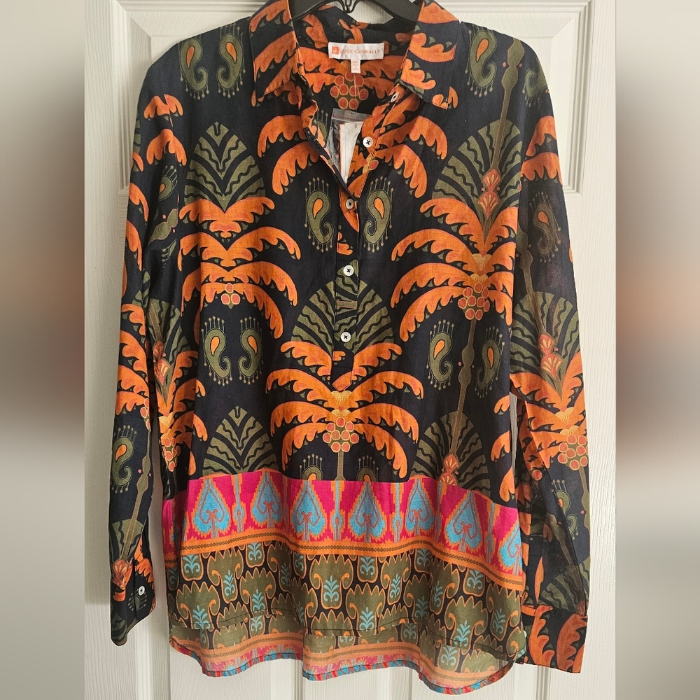NWT Jude Connally Pru Long Sleeve Cotton Top: Decorative Frond Navy: Size- XXL - Picture 2 of 15